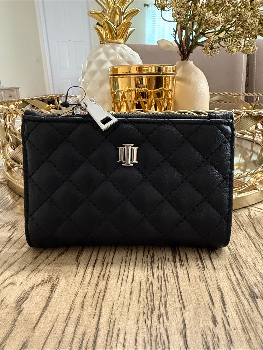 INC International Concepts Quilted Black Small Wallet with Silver Logo